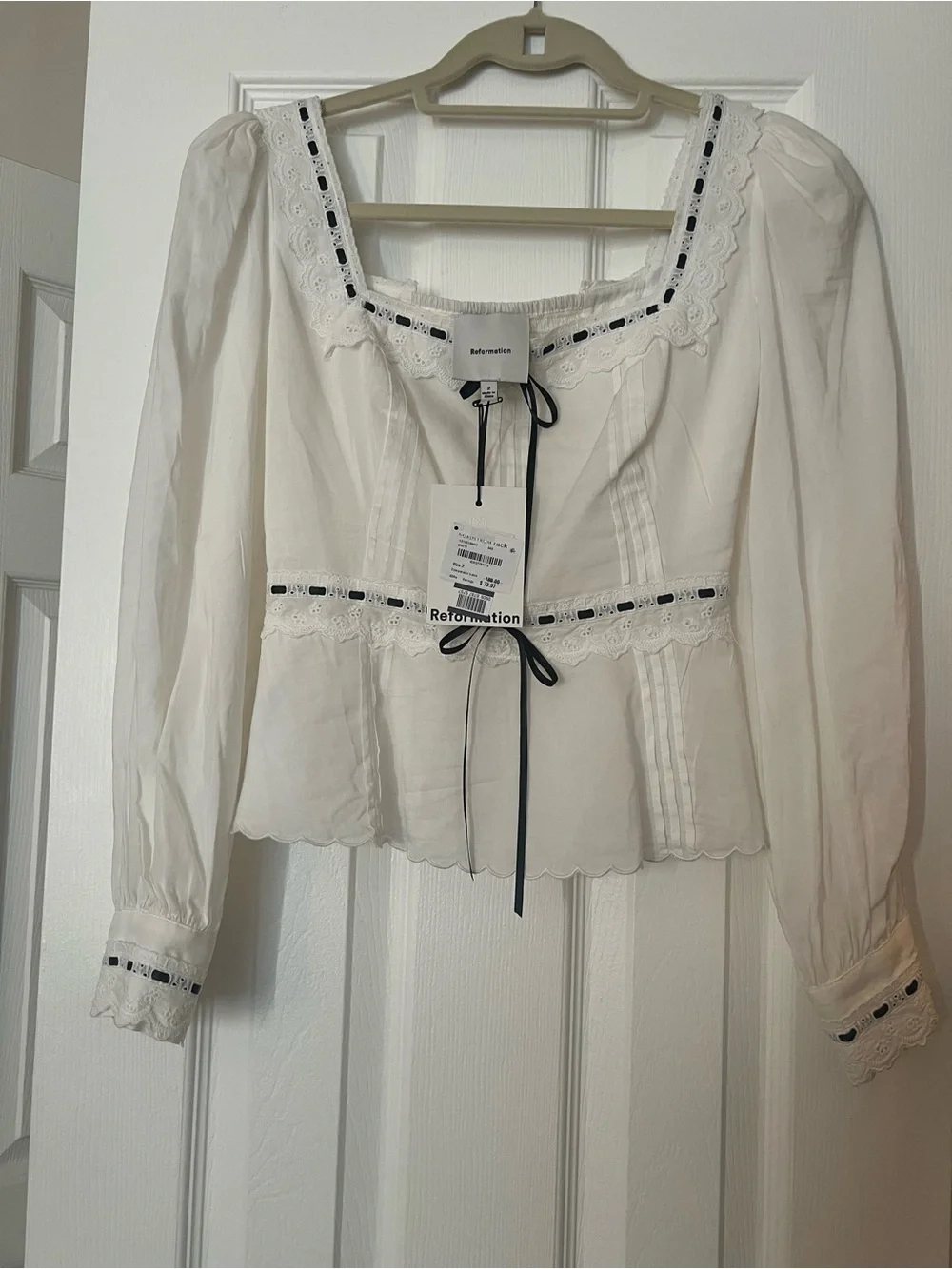 Reformation Haisley Ribbon Accent Organic Cotton Peplum Top